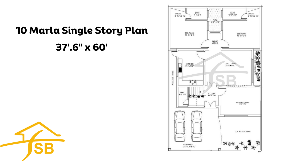 10 marla single story plan 37' x 60'